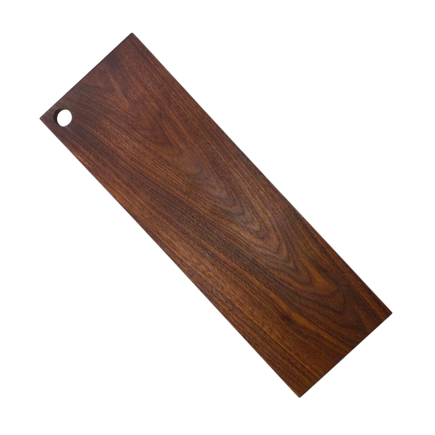 Tagliere artigianale rettangolare in legno massello di palissandro, lungo e stretto con foro per appenderlo.
