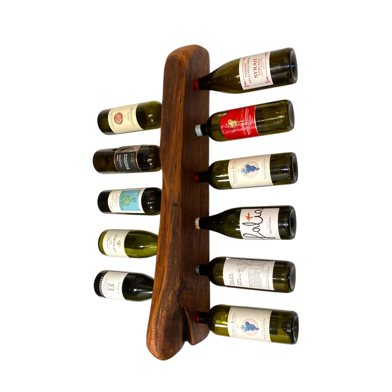 Porta bottiglie in legno artigianale da parete con bordo irregolare per 11 bottiglie di vino