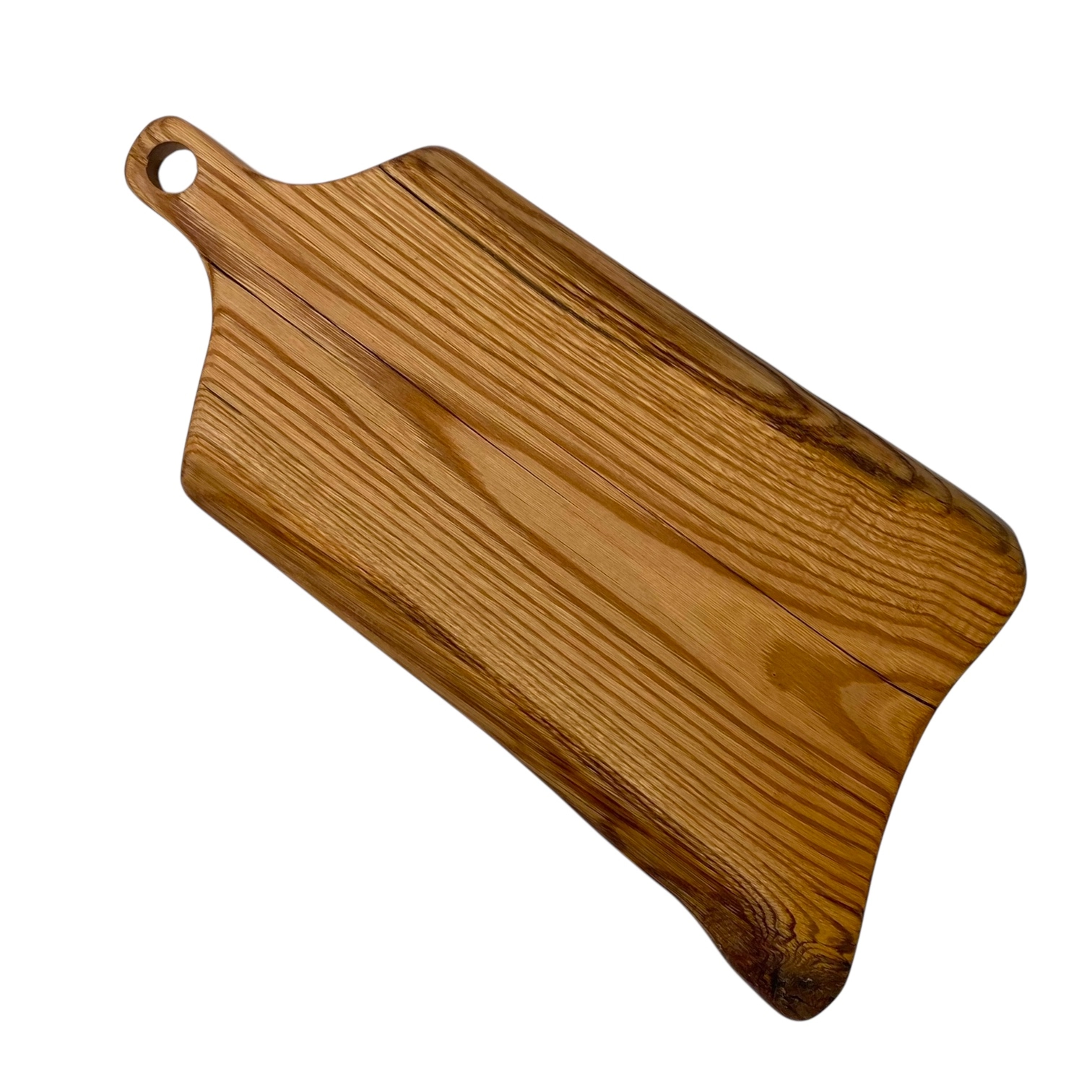 Tagliere artigianale in legno massello di castagno con manico, finitura naturale e venature calde