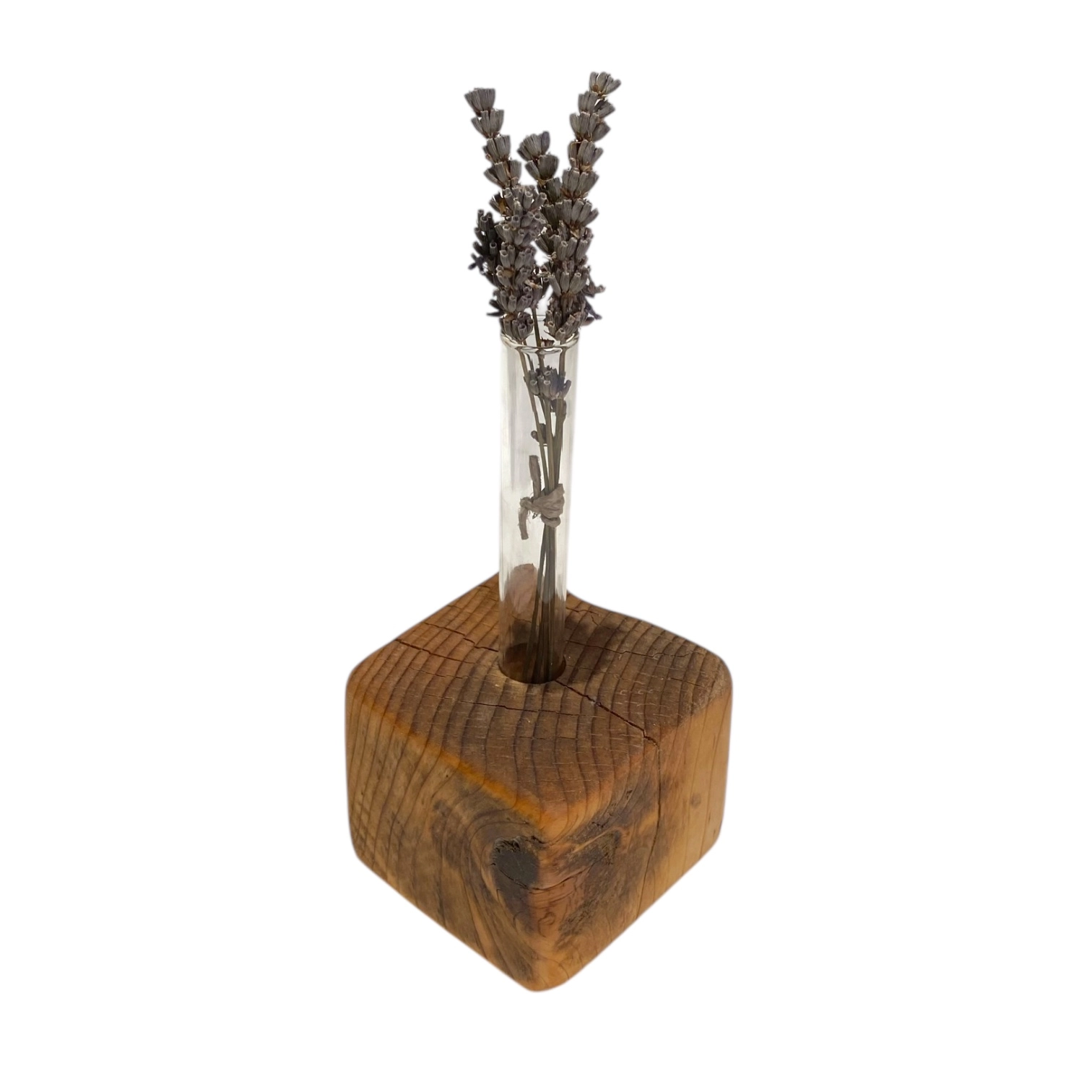 Porta fiore e profumatore d’ambiente in legno naturale con ampolla in vetro e forma irregolare artigianale