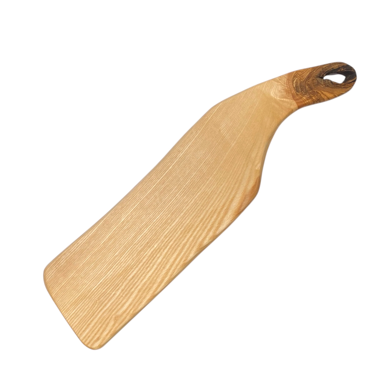 Tagliere artigianale in legno massello di frassino con manico naturale e venature chiare