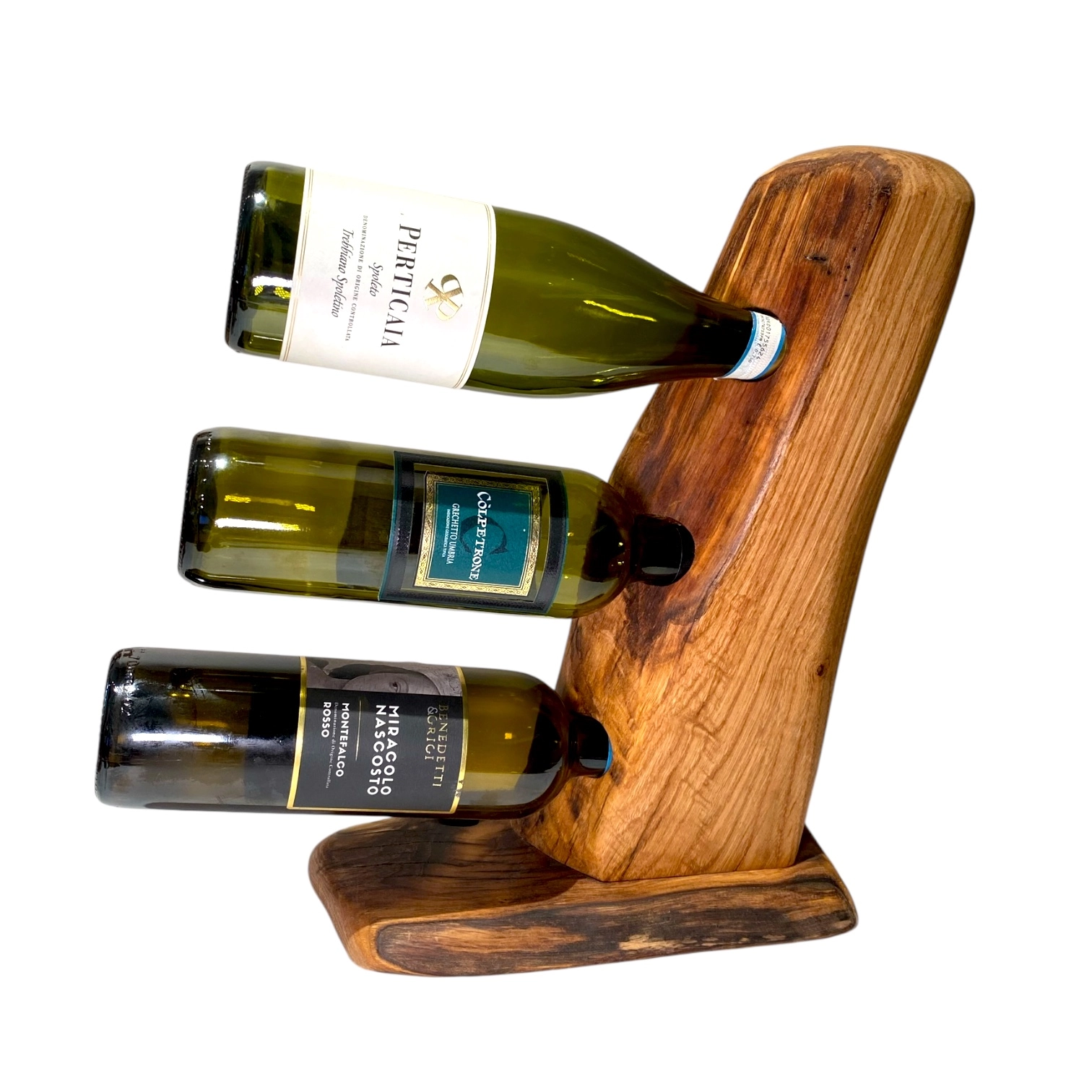Porta bottiglie artigianale in legno massello per 3 bottiglie di vino con forma irregolare naturale