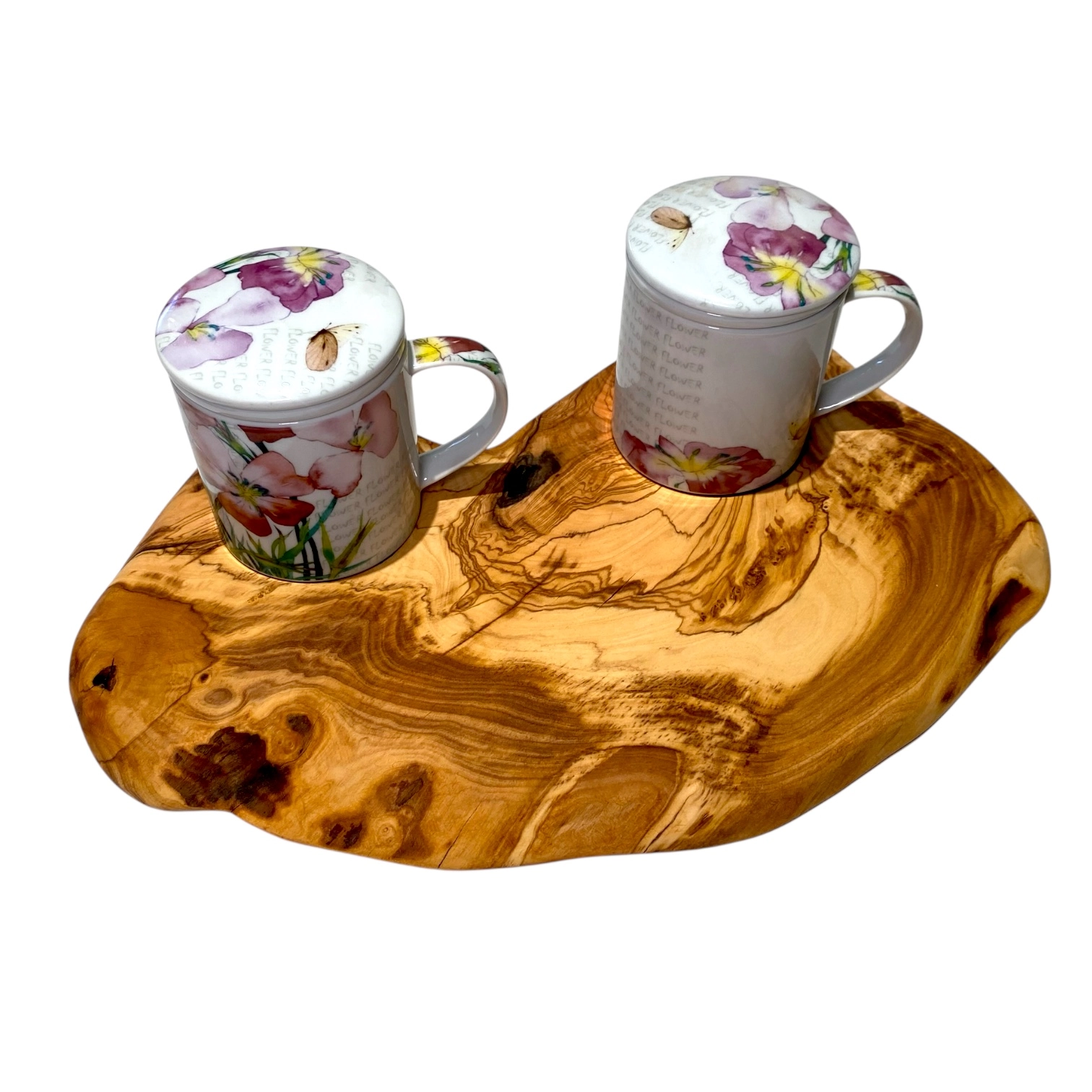Set con vassoio in legno massello di ulivo e due tisaniere in ceramica con decorazione floreale.