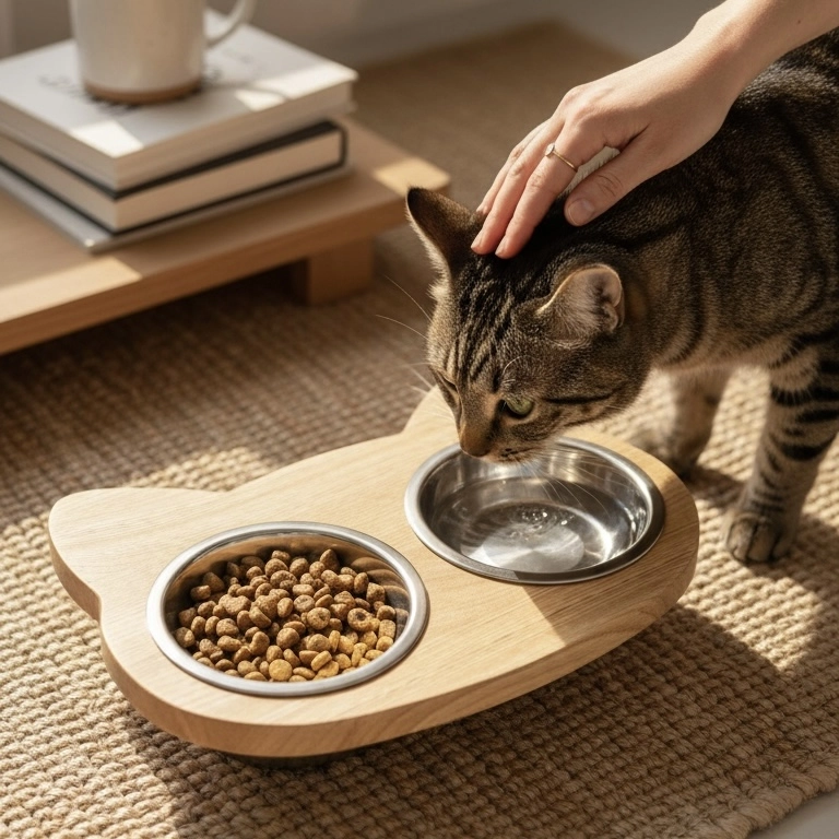 Porta ciotole per gatto in legno massello con due ciotole in acciaio inox