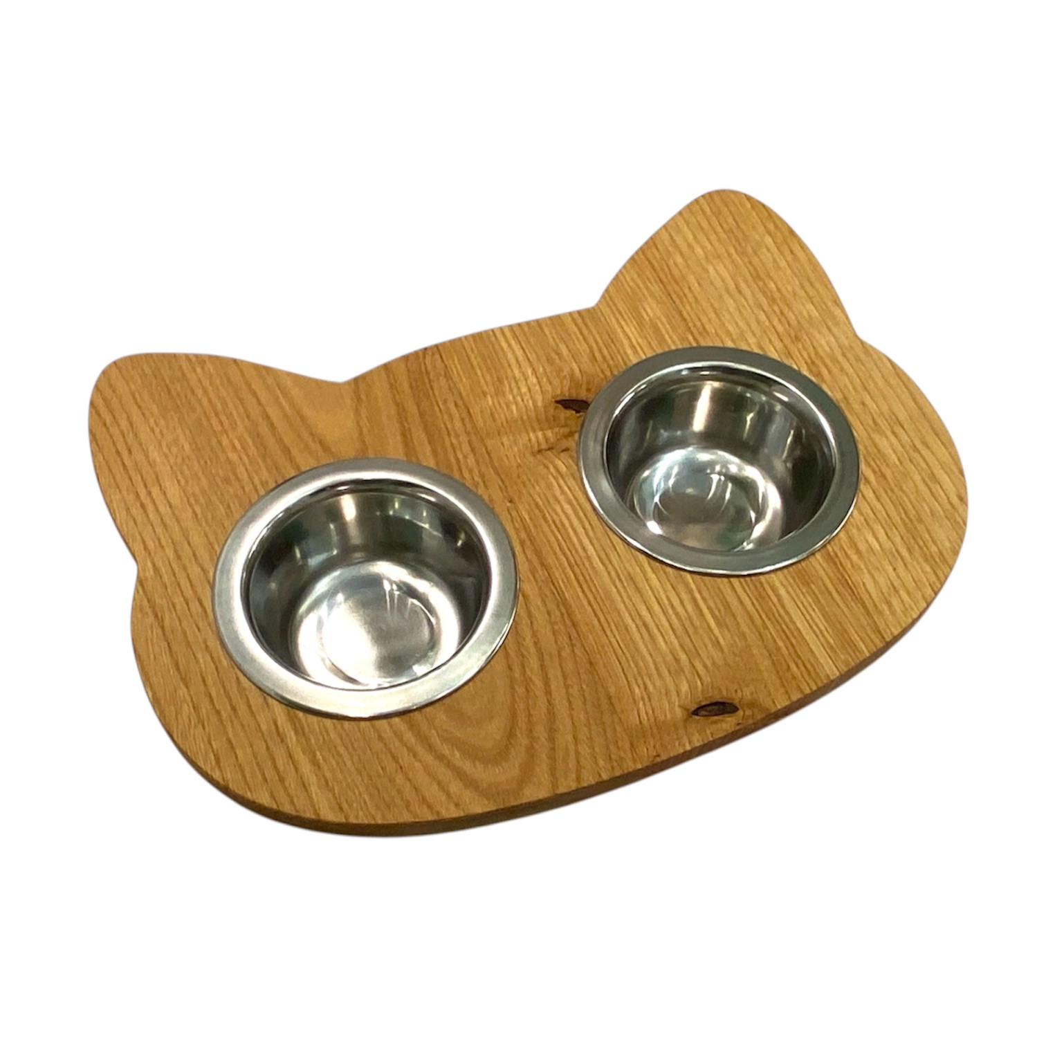 Porta ciotole per gatto in legno massello con due ciotole in acciaio inox