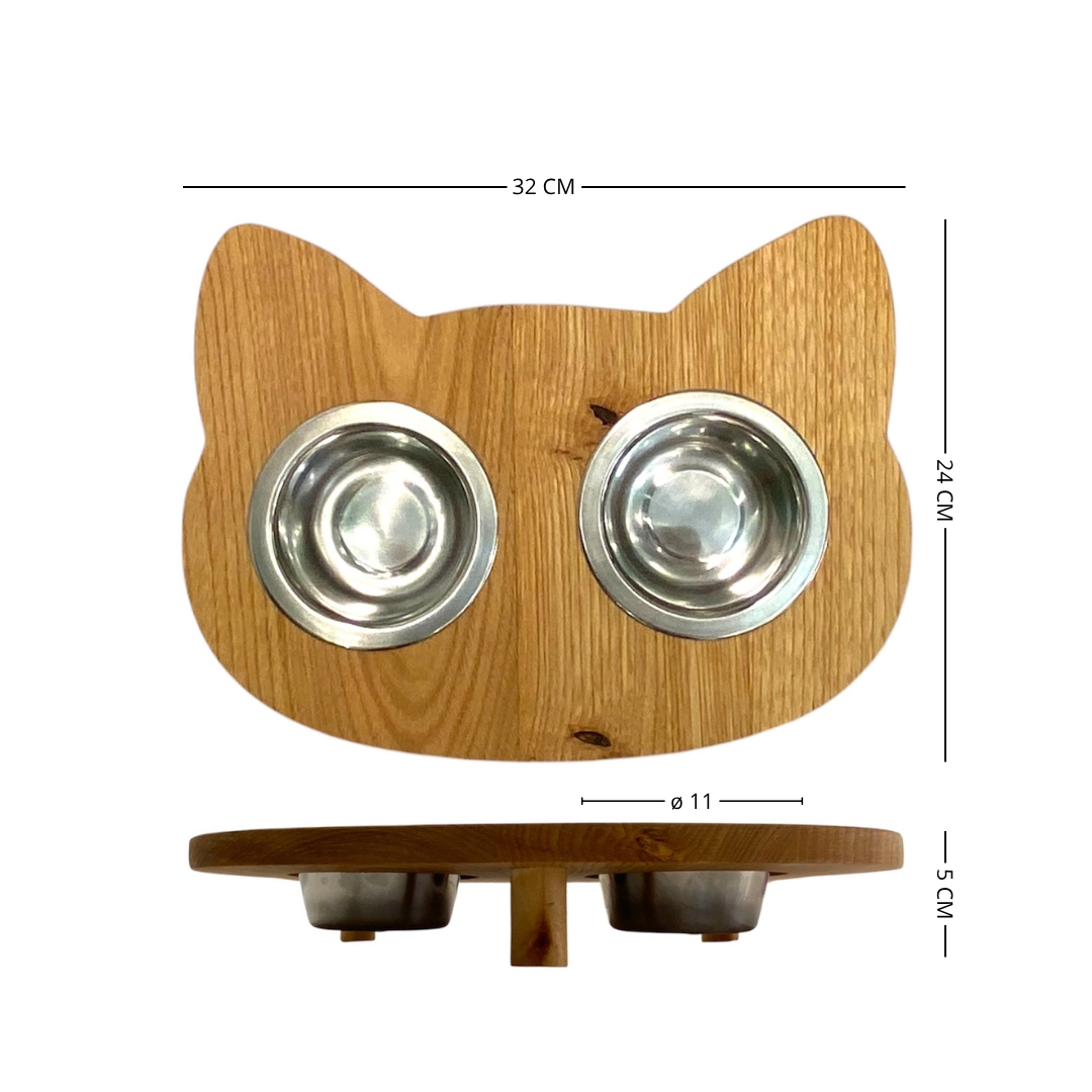 Porta ciotole per gatto in legno massello con due ciotole in acciaio inox