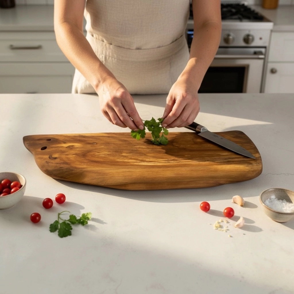 Irregular cutting board in handcrafted antique oak wood