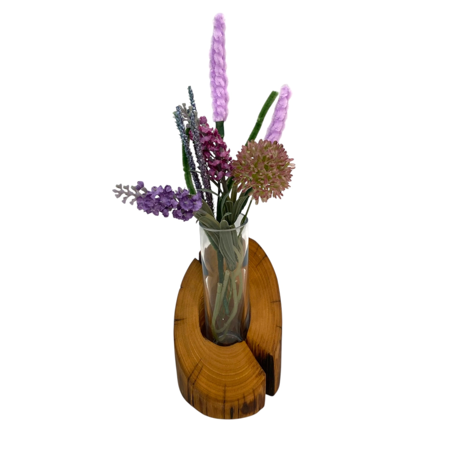 Porta fiori artigianale in legno massello con vaso in vetro