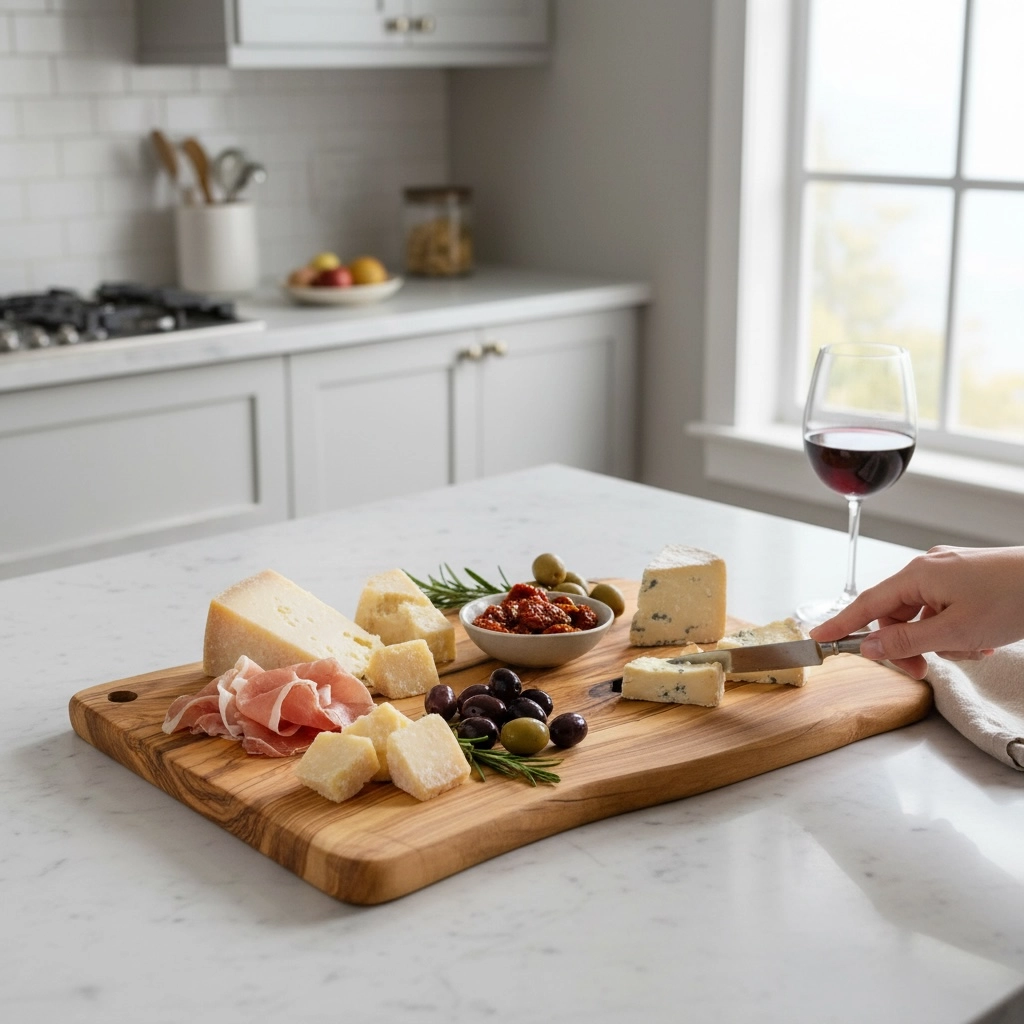 Rectangular olive wood cutting board with hole