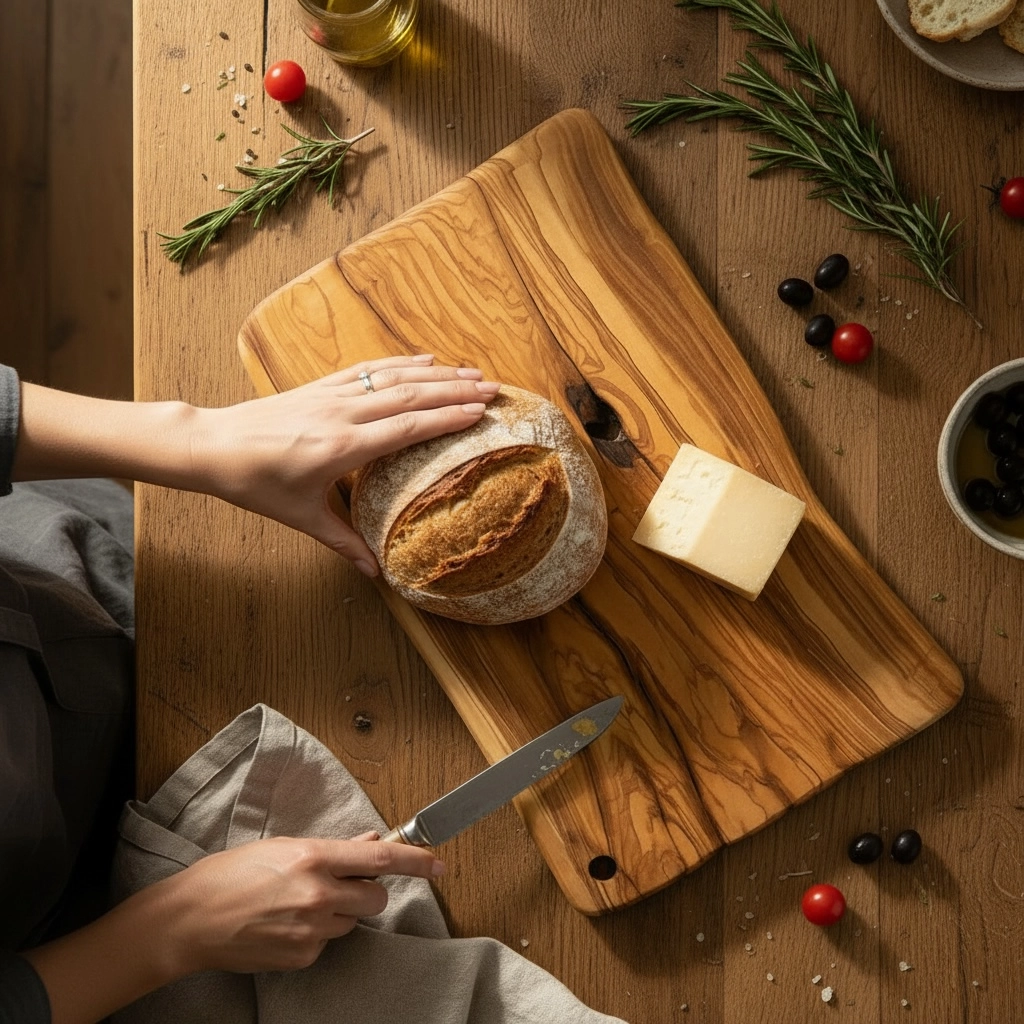 Rectangular olive wood cutting board with hole