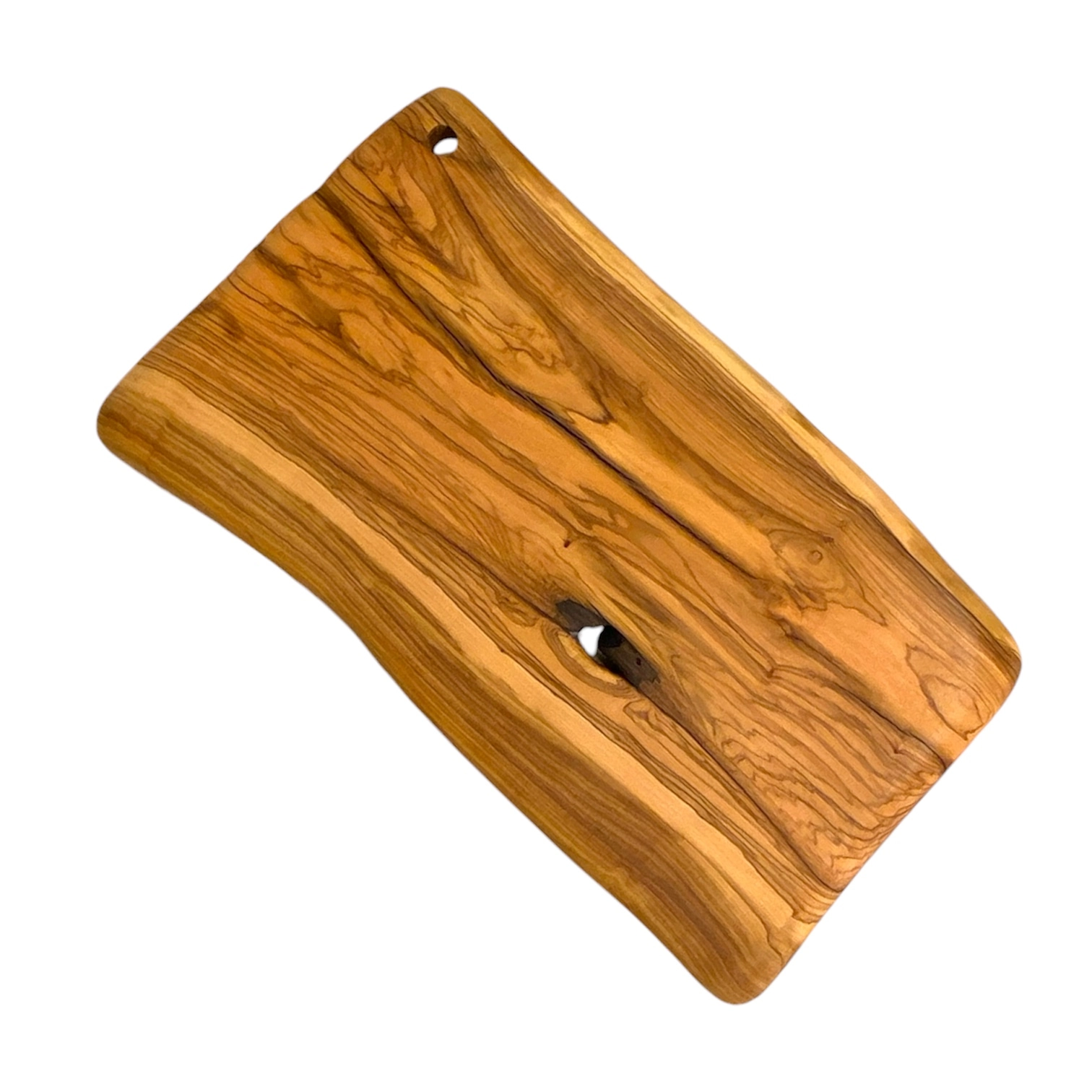 Rectangular olive wood cutting board with hole