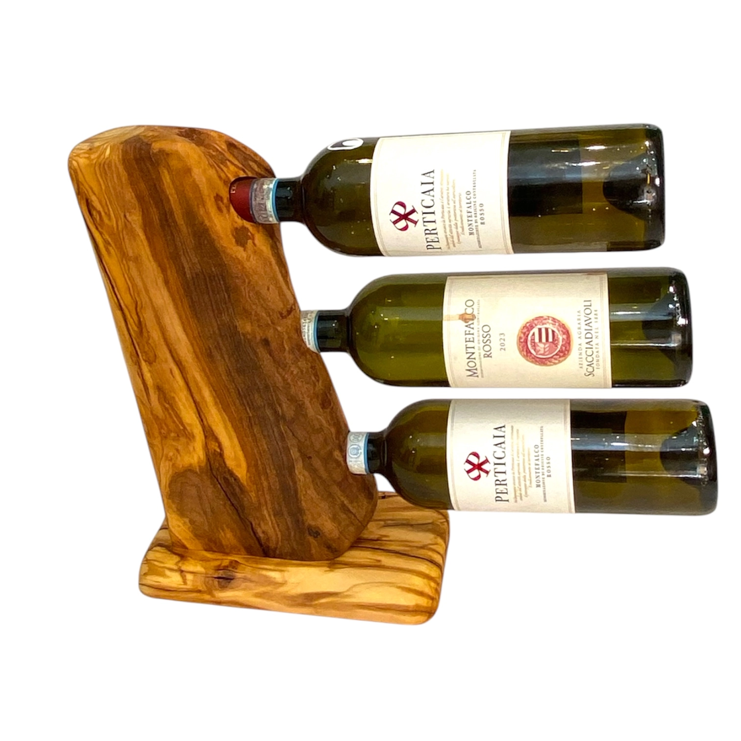 Porta bottiglie in legno massello di ulivo artigianale per 3 vini