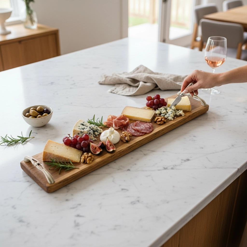 Vassoio in legno massello con maniglie usato per servire aperitivo con salumi, formaggi e olive
