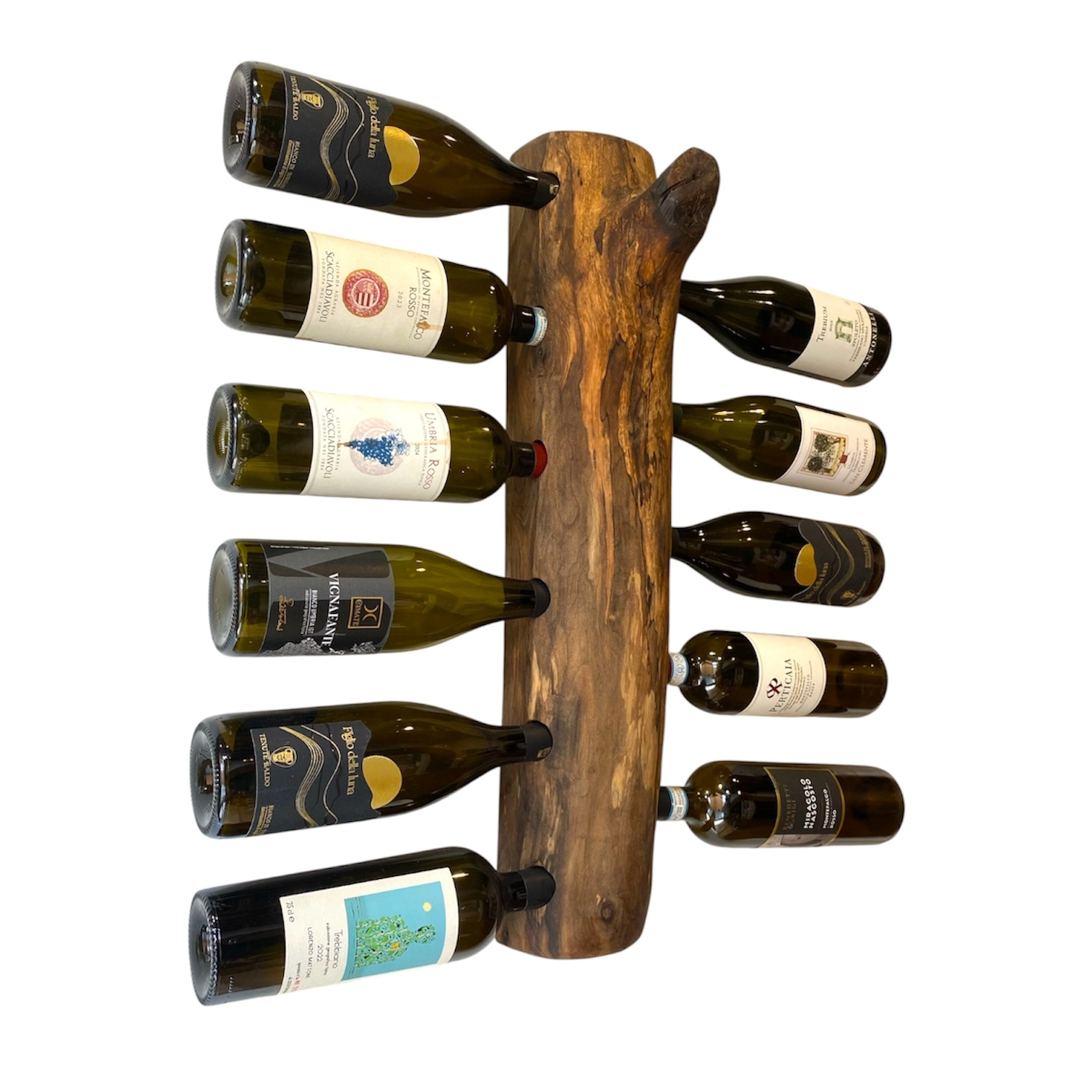 Portabottiglie da parete artigianale in noce massello con 11 bottiglie di vino