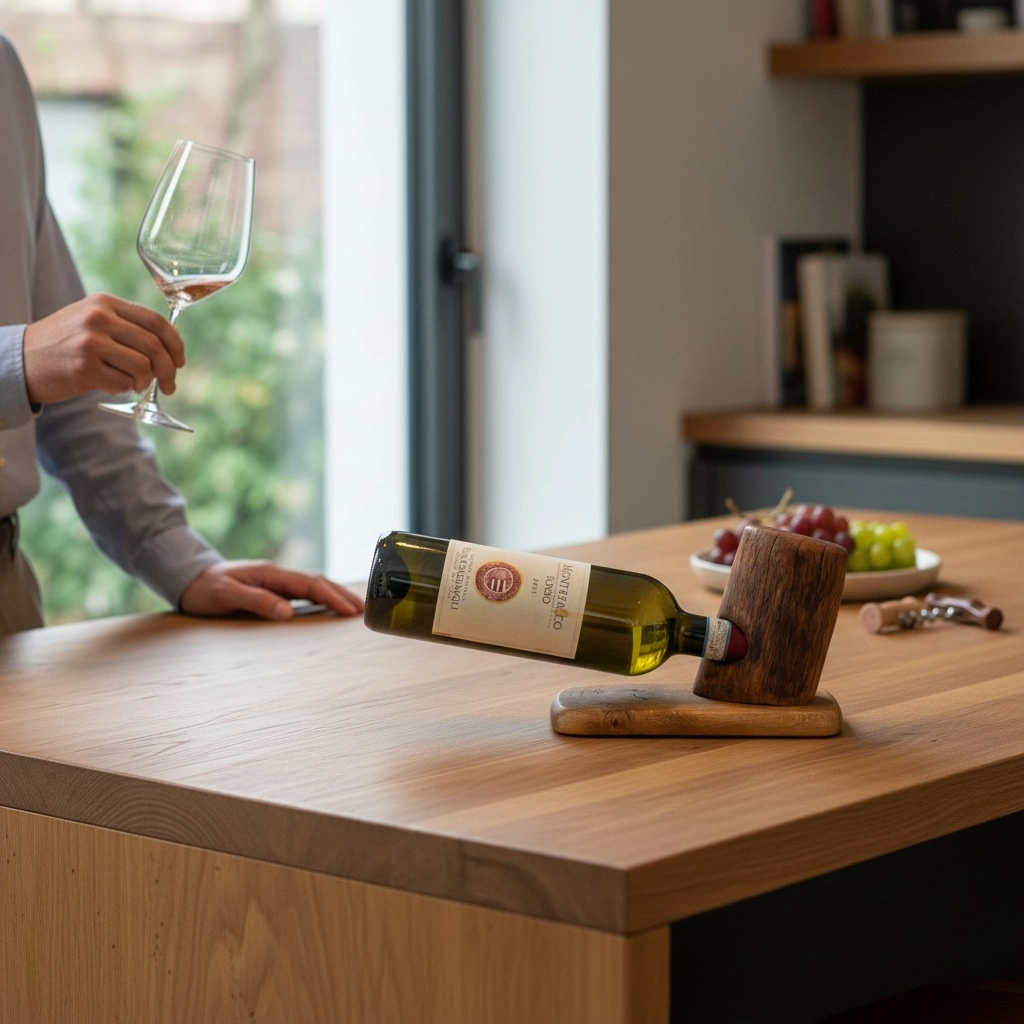 Solid oak wood freestanding wine bottle holder with suspended wine bottle