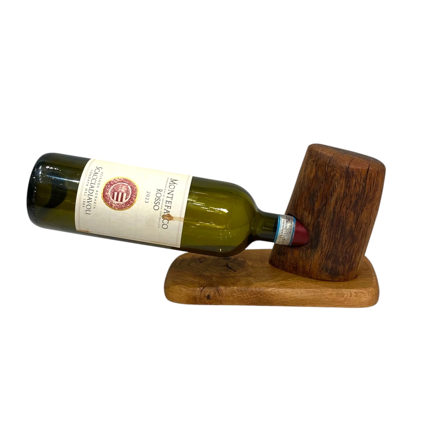 Portabottiglia da appoggio in legno massello di quercia con bottiglia di vino sospesa