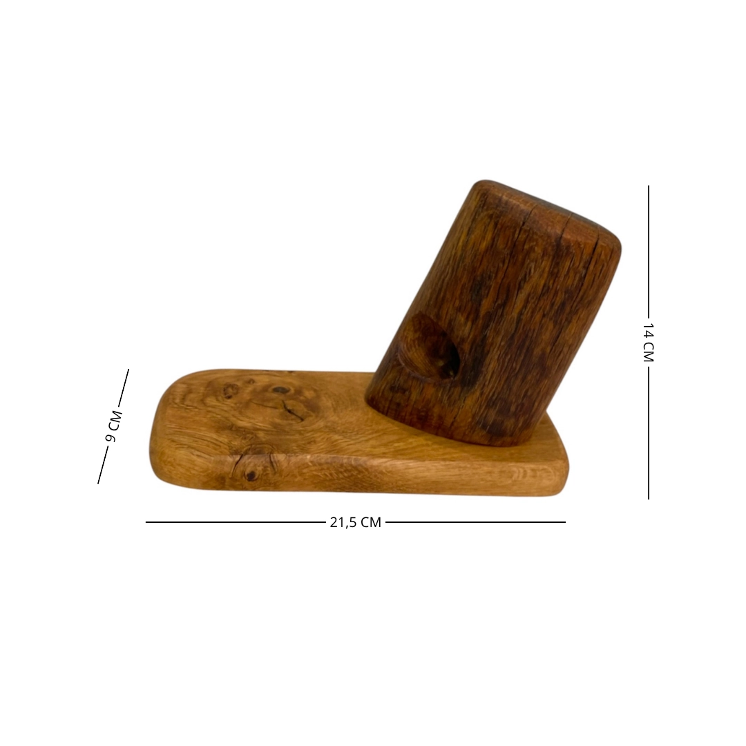 Solid oak wood freestanding wine bottle holder with suspended wine bottle