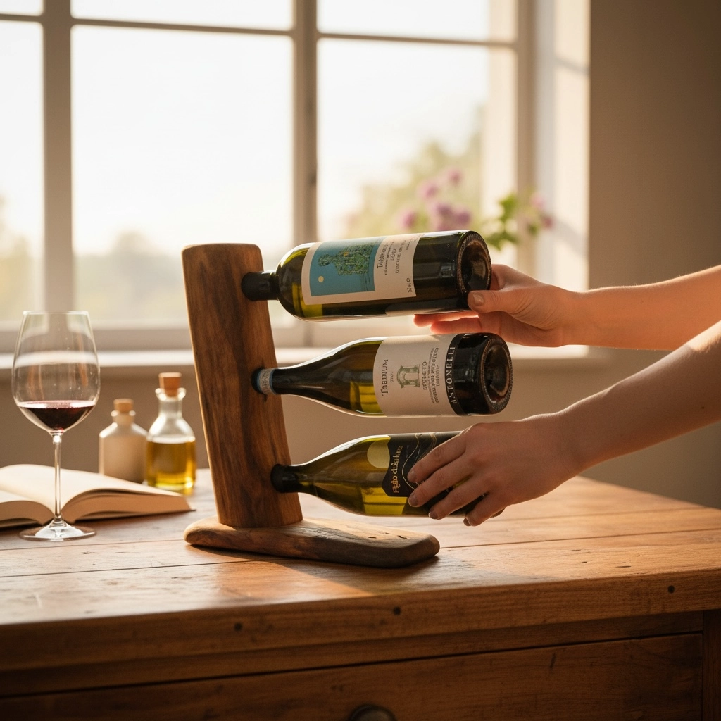 Portabottiglie in noce nazionale per tre bottiglie di vino