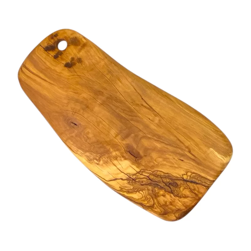 Handcrafted olive wood cutting board with irregular shape and hole