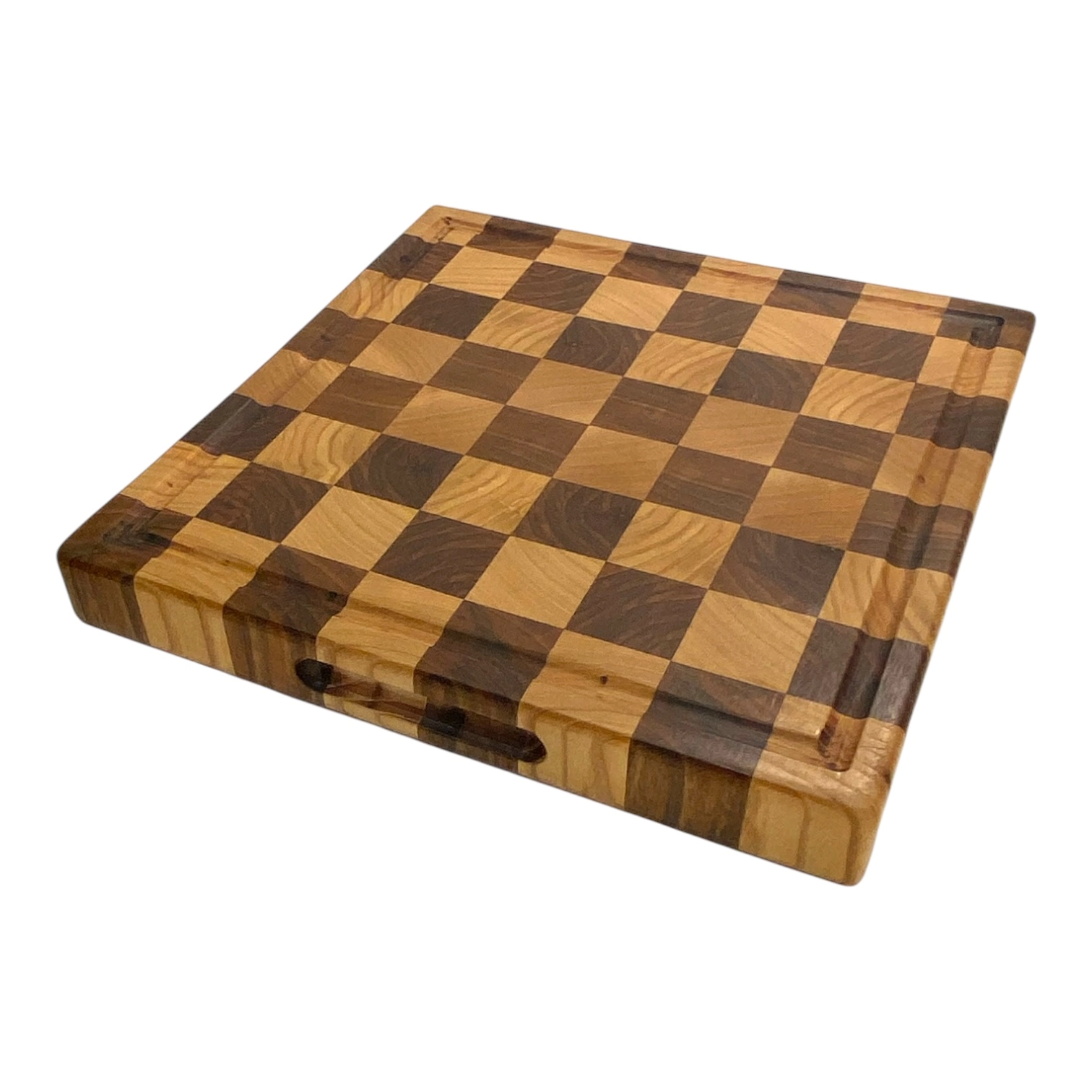 Professional handcrafted cutting board in walnut and oak wood with a drip tray and side handles