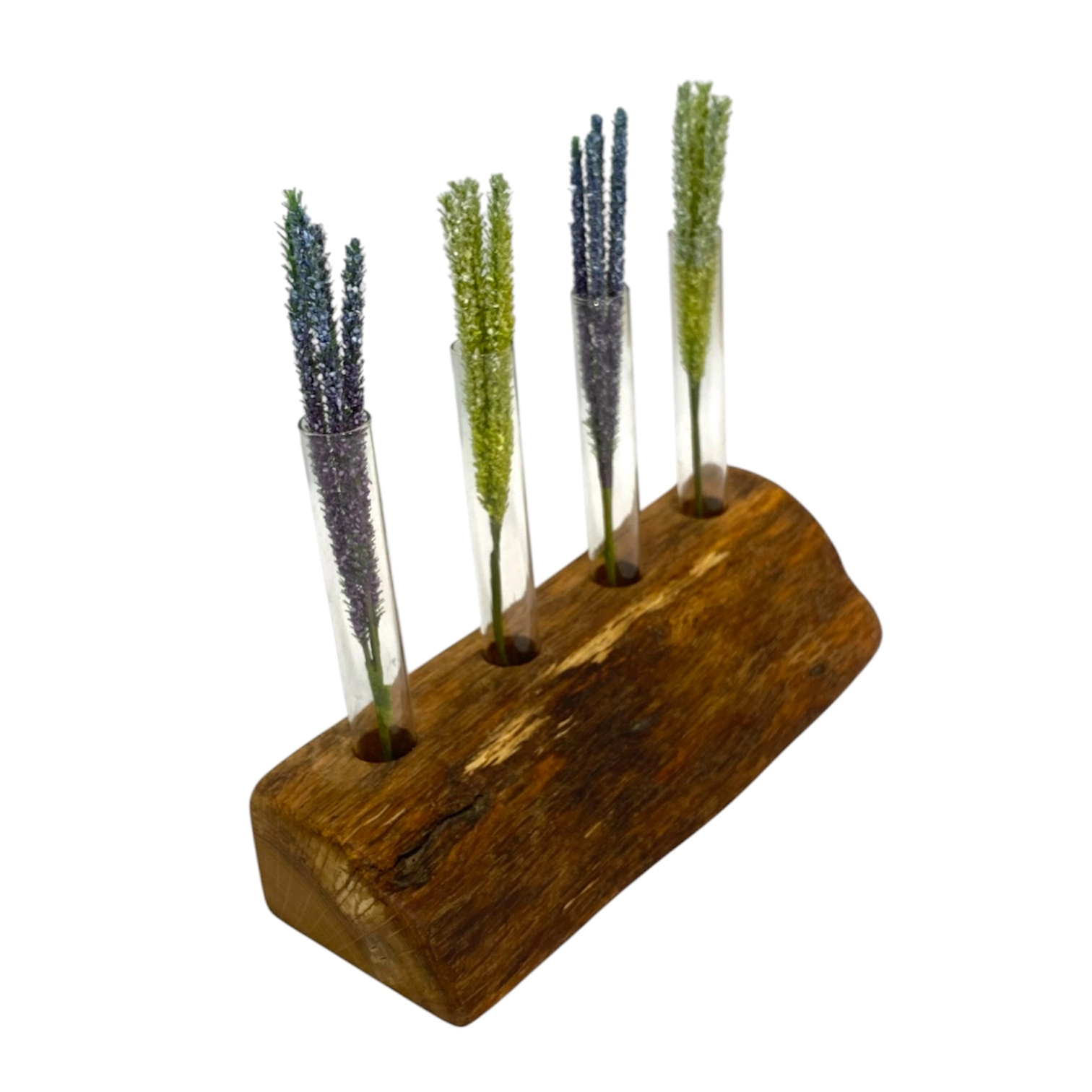 Porta fiori artigianale in legno massello con quattro ampolle