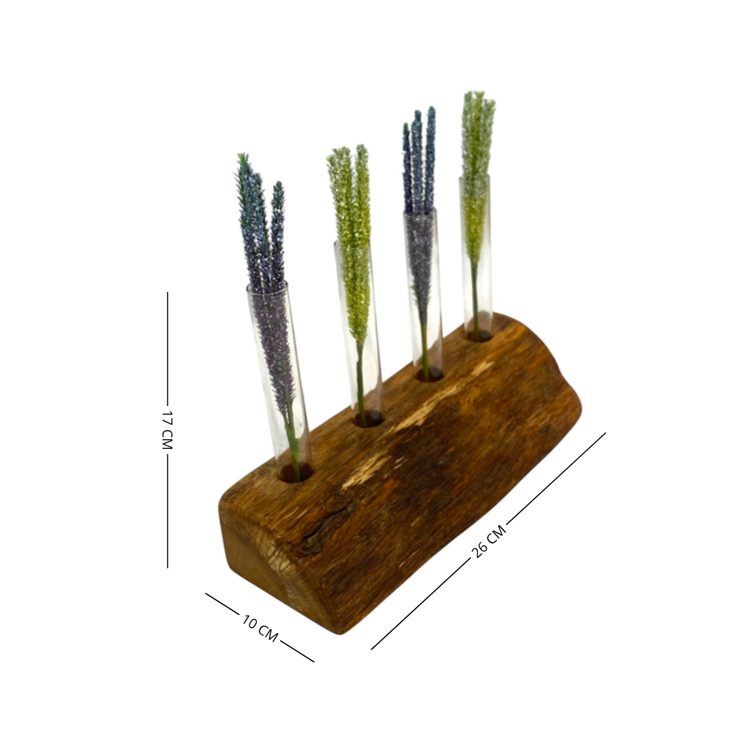 Porta fiori artigianale in legno massello con quattro ampolle