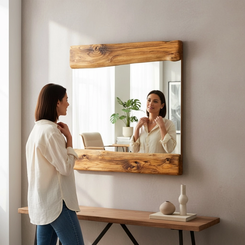 Specchio da parete con fasce superiore e inferiore in legno massello artigianale.