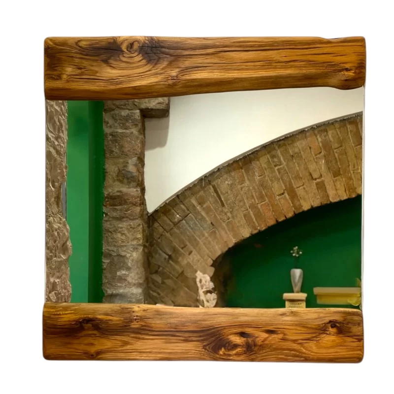 Wall mirror with upper and lower bands in handcrafted solid wood.