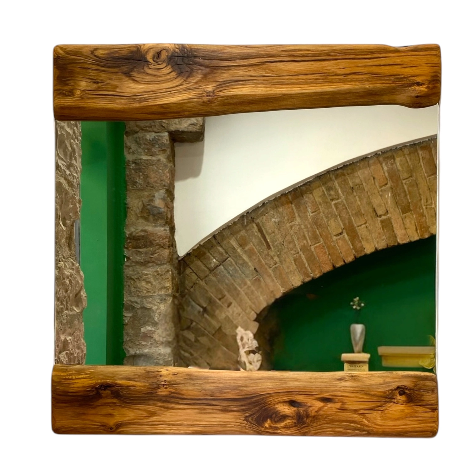 Specchio da parete con fasce superiore e inferiore in legno massello artigianale.
