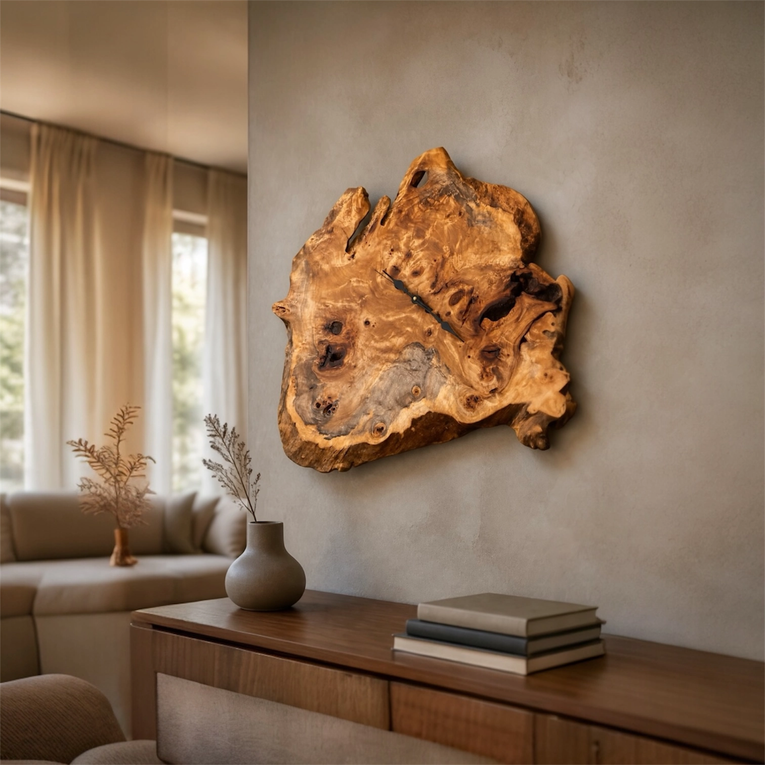 Orologio da parete artigianale in radica di pioppo naturale, pezzo unico in legno con venature decorative.