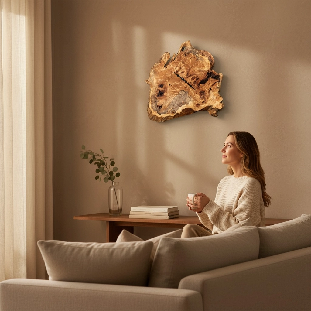 Orologio da parete artigianale in radica di pioppo naturale, pezzo unico in legno con venature decorative.
