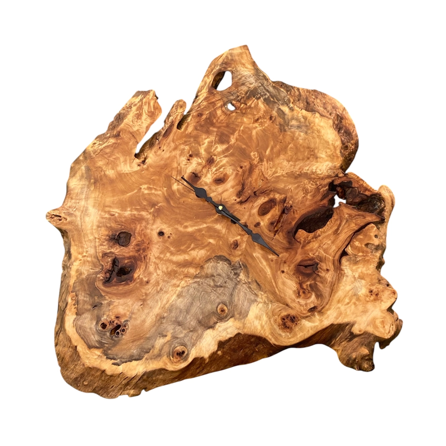 Orologio da parete artigianale in radica di pioppo naturale, pezzo unico in legno con venature decorative.