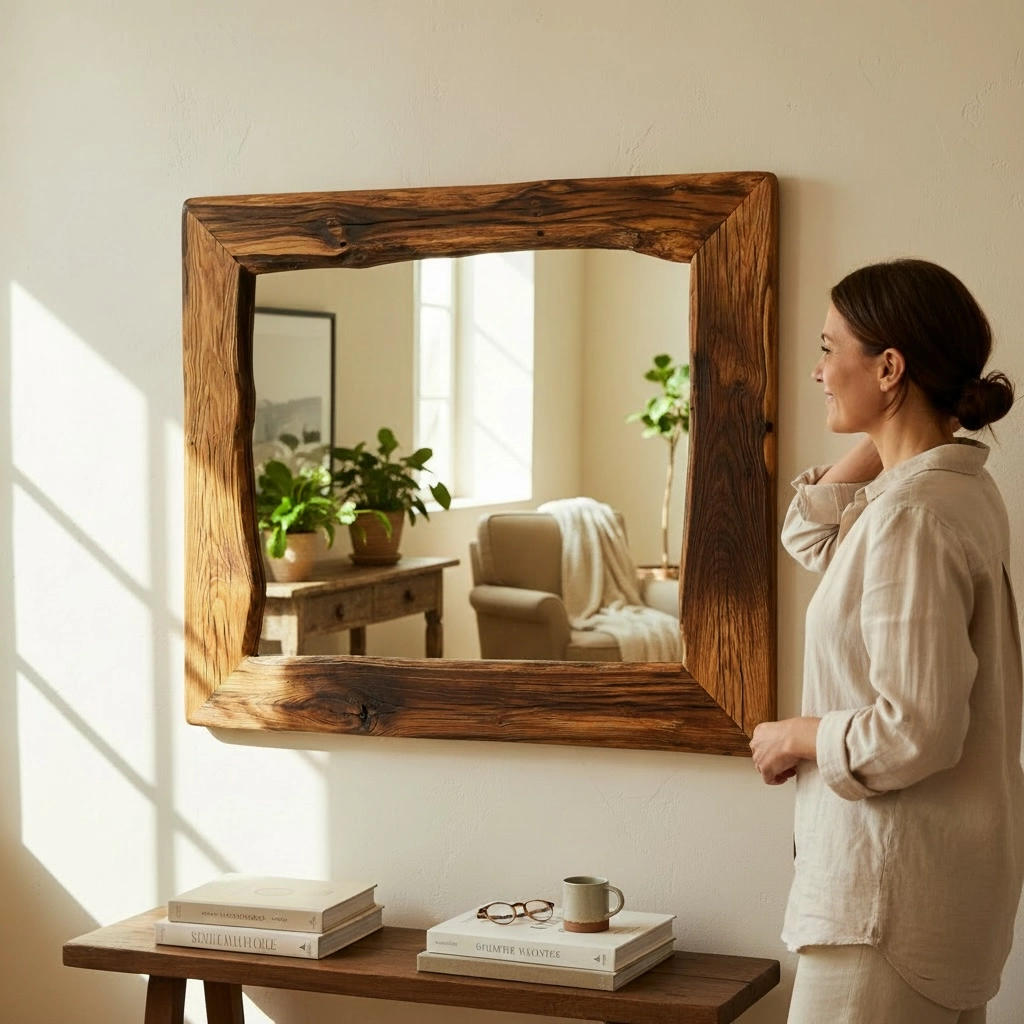 Specchio con cornice in legno massello artigianale dalle venature naturali.