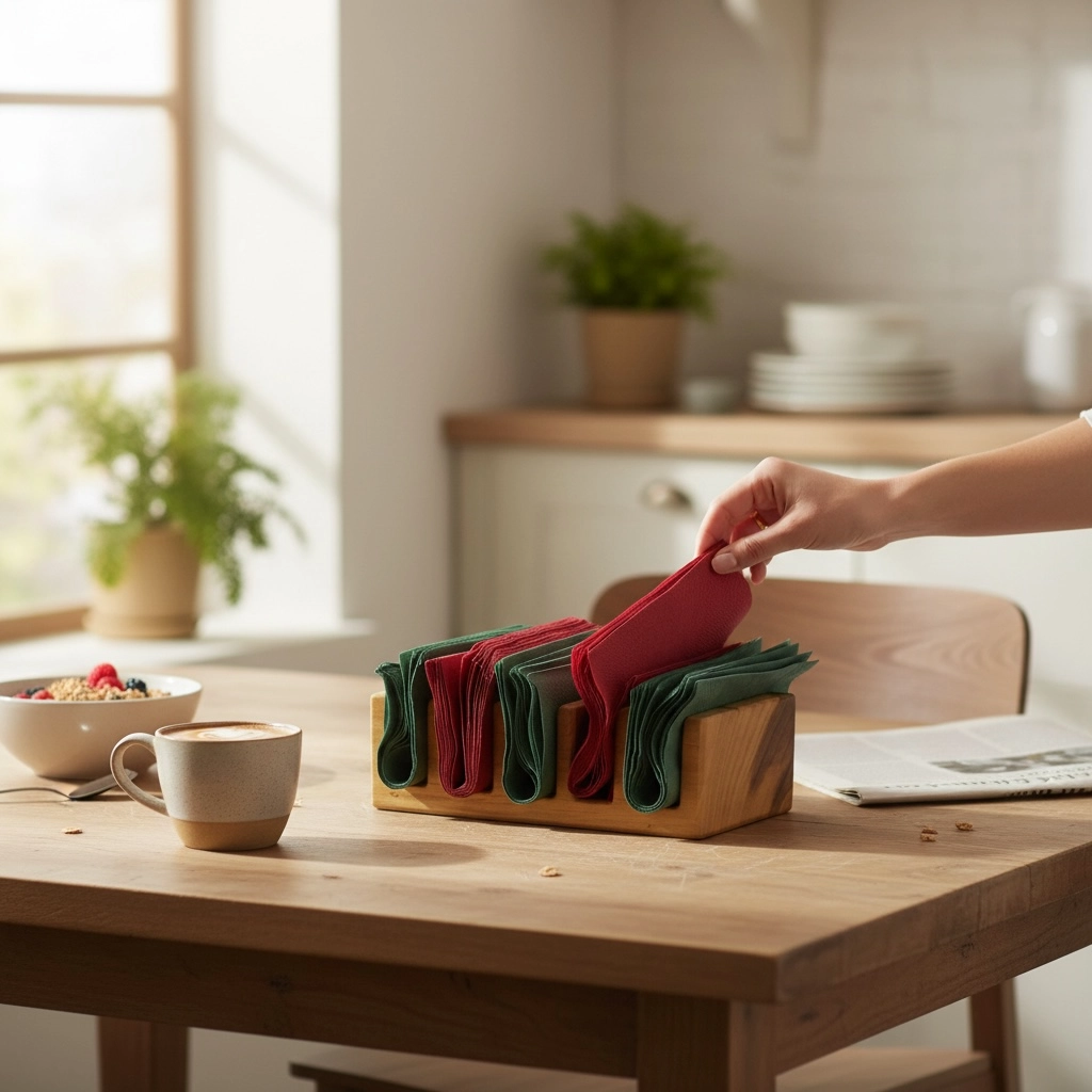 Porta tovaglioli artigianale in legno massello di castagno con tovaglioli colorati su tavolo da cucina.