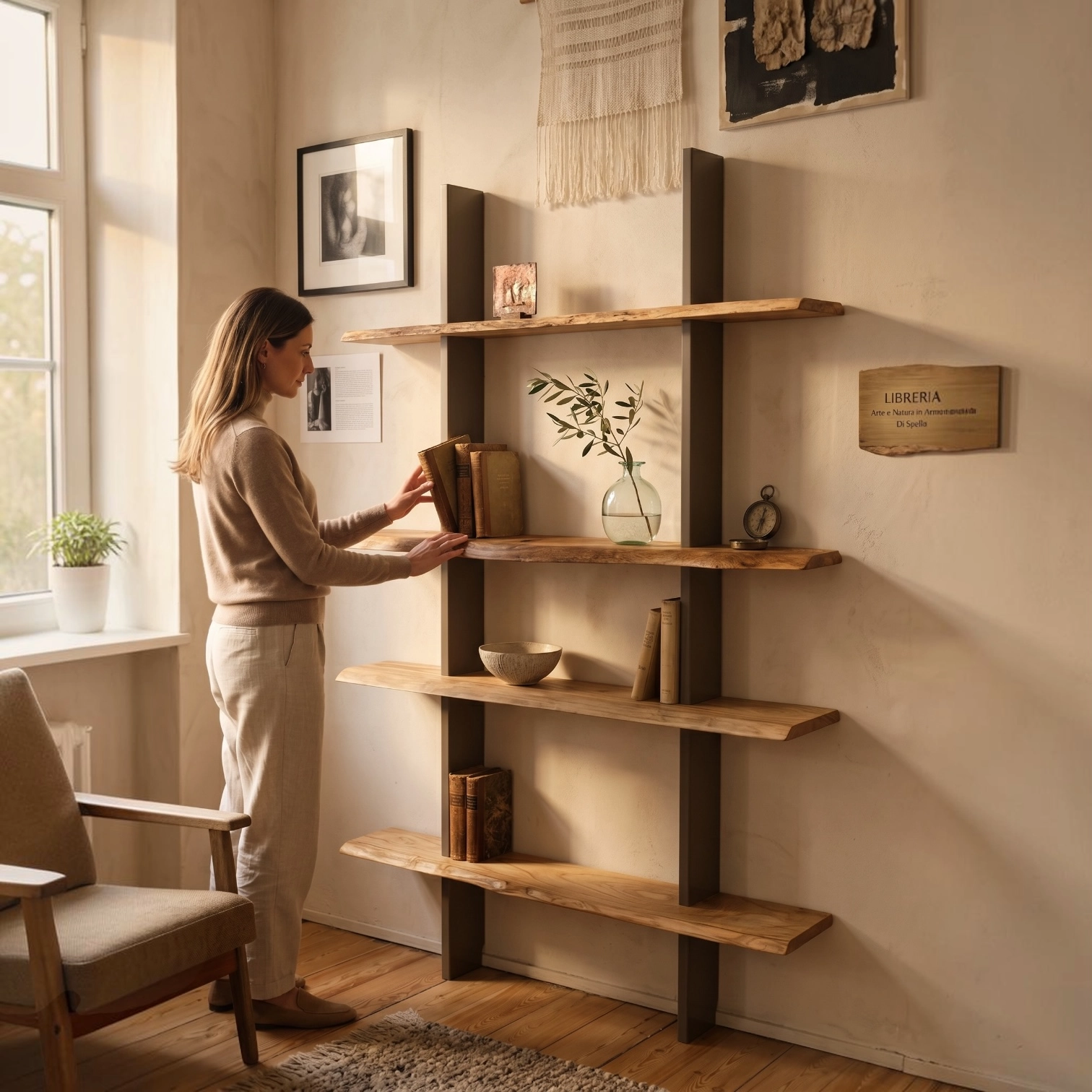 Libreria artigianale con montanti grigi in MDF e mensole in quercia e castagno massello con bordo naturale, dimensioni 120x190 cm