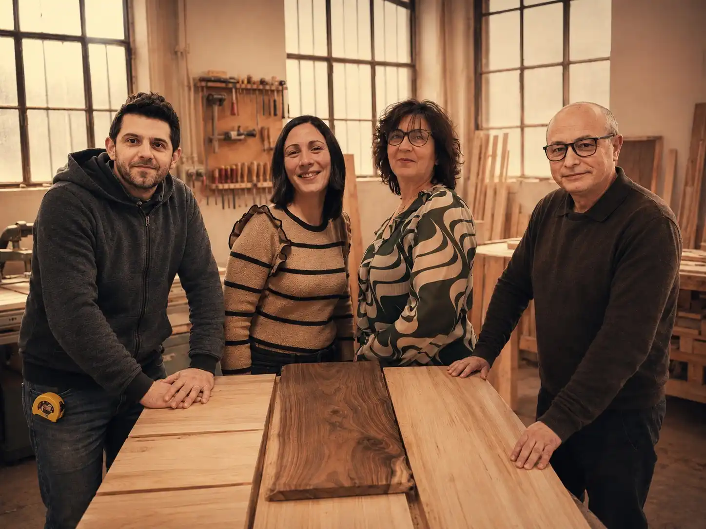 La famiglia della Falegnameria di Spello nella propria falegnameria artigianale, accanto a tavole in legno massello selezionate per realizzare prodotti fatti a mano.