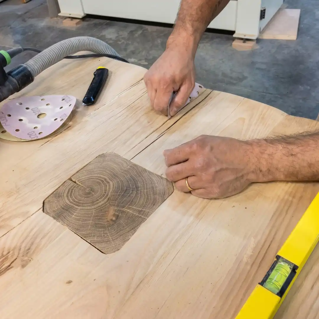 Artigiano che leviga a mano una tavola in legno
