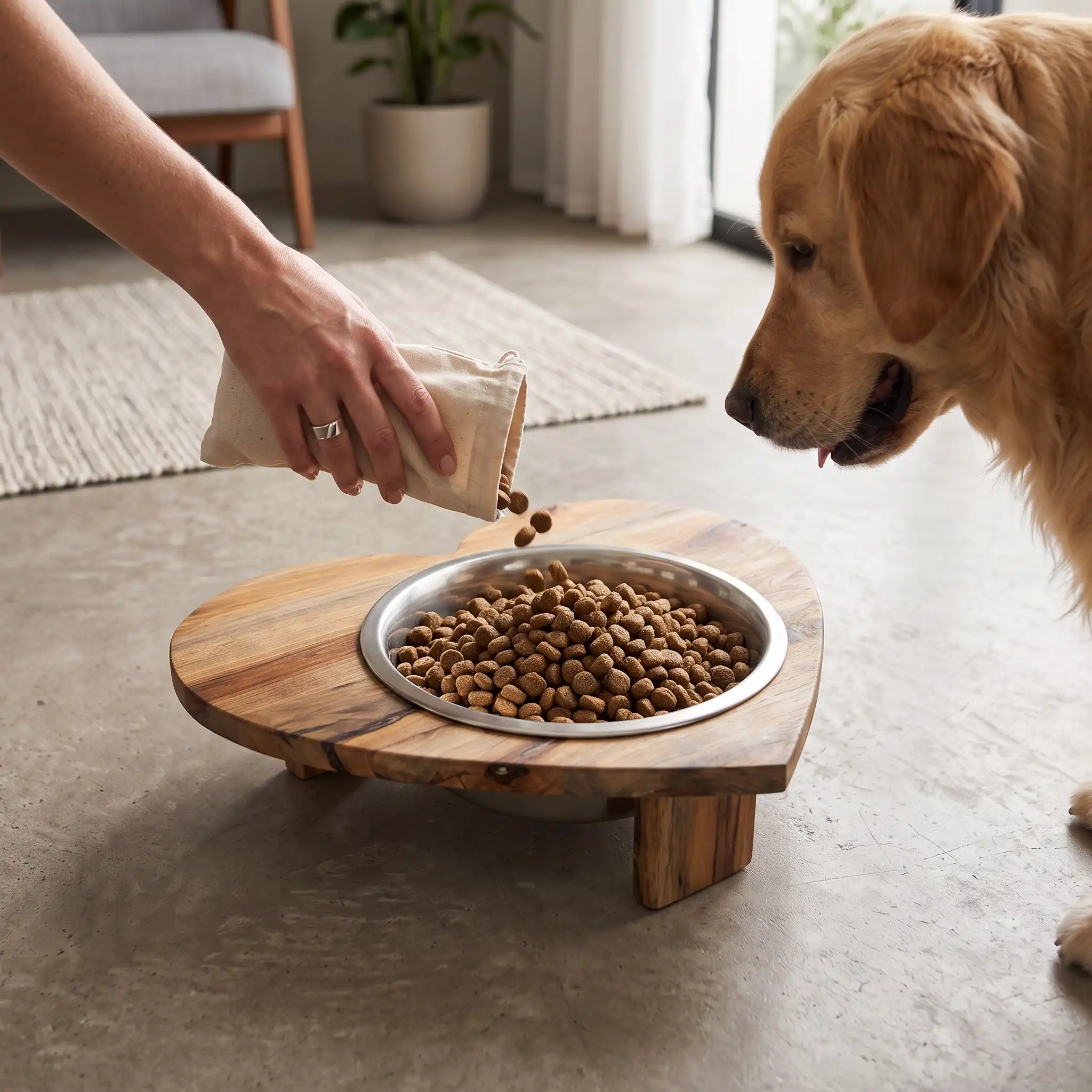 Heart-shaped solid wood dog bowl stand with stainless steel bowl