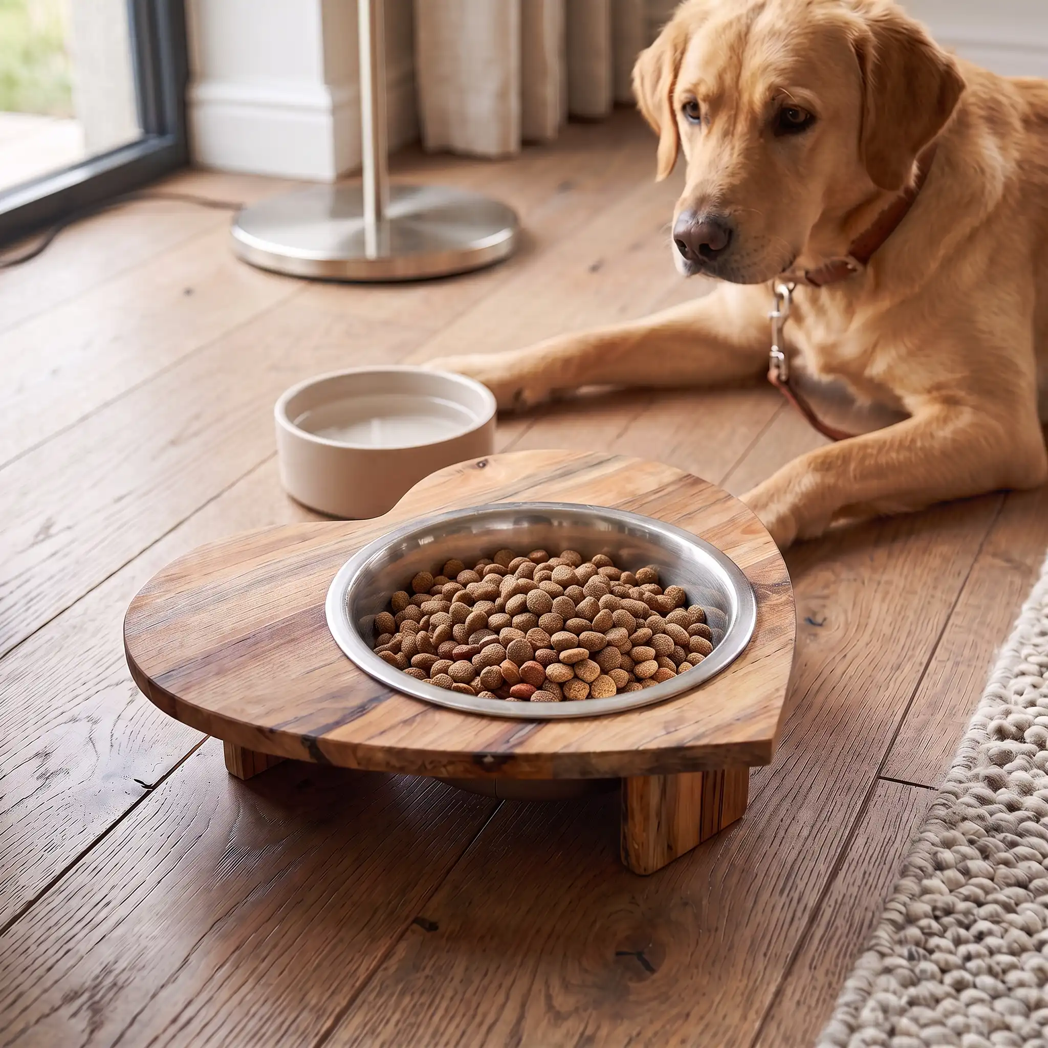 Heart-shaped solid wood dog bowl stand with stainless steel bowl