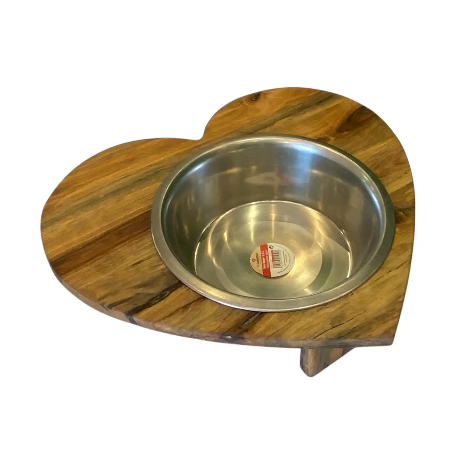 Porta ciotola per cane a forma di cuore in legno massello con ciotola inox