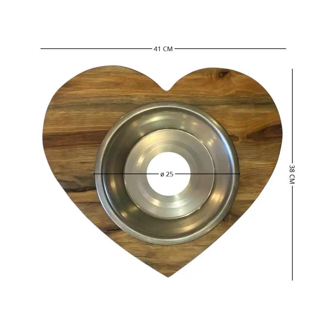 Heart-shaped solid wood dog bowl stand with stainless steel bowl