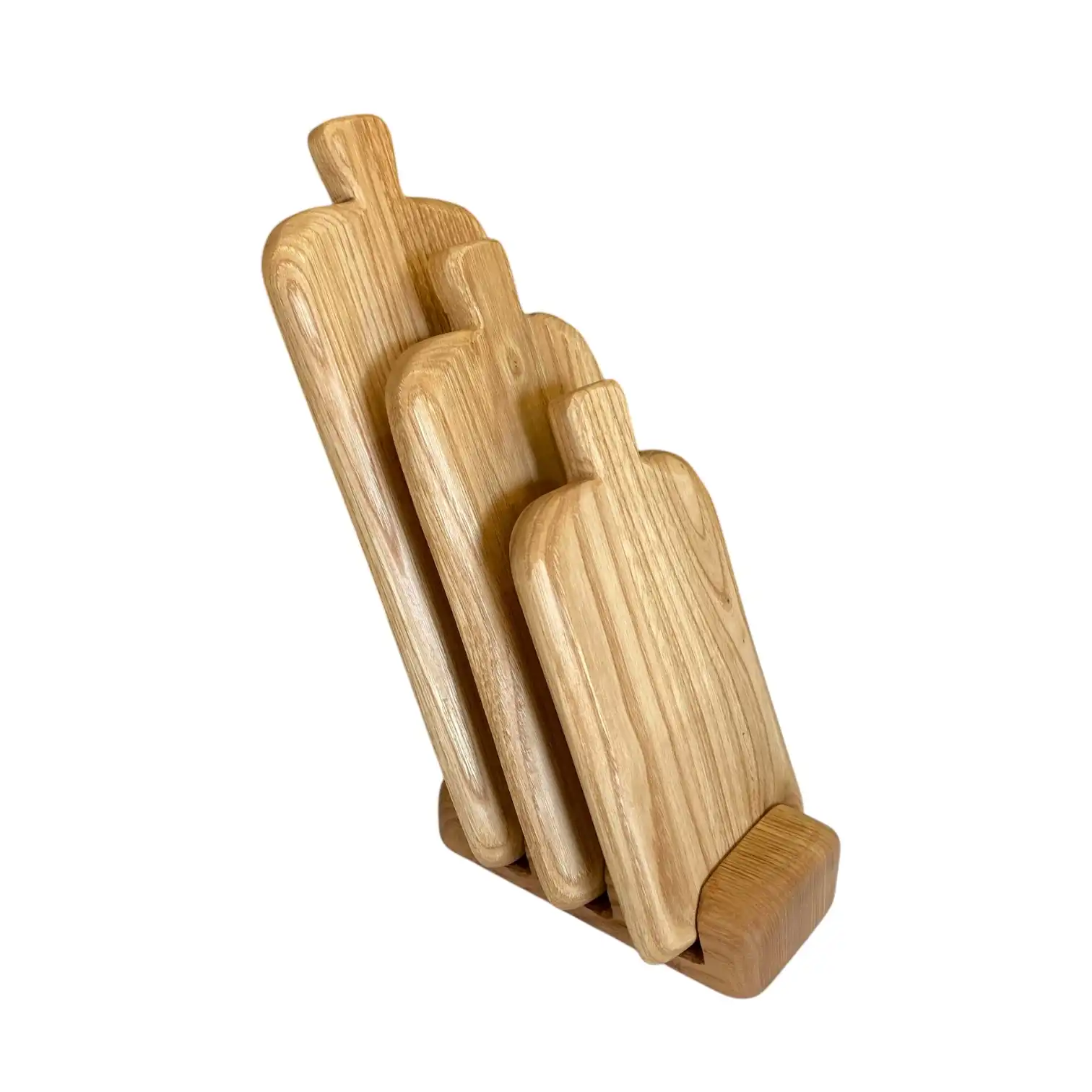 Set di 3 taglieri artigianali in castagno con base, misure 13x23x33 cm