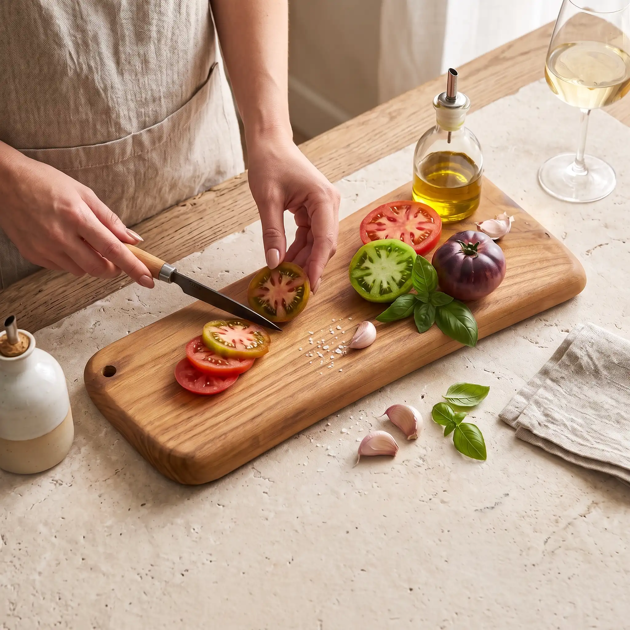 Tagliere artigianale in legno massello di castagno rettangolare con bordi irregolari, ideale per servire salumi e formaggi.